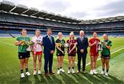 30 July 2024; In attendance during the captains day ahead of the 2024 TG4 All-Ireland Ladies Football Championship Finals at Croke Park in Dublin is, from left, Leitrim captain Michelle Guckian, Tyrone captain Aoibhinn McHugh, Mícheál Naughton, LGFA President, Kerry captain Niamh Carmody, Galway captain Ailbhe Davoren, Alan Esslemont, CEO TG4, Louth captain Áine Breen and Fermanagh captain Shannan McQuade. Photo by Ben McShane/Sportsfile