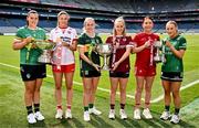 30 July 2024; In attendance during the captains day ahead of the 2024 TG4 All-Ireland Ladies Football Championship Finals at Croke Park in Dublin is, from left, Leitrim captain Michelle Guckian, Tyrone captain Aoibhinn McHugh, Kerry captain Niamh Carmody, Galway captain Ailbhe Davoren, Louth captain Áine Breen and Fermanagh captain Shannan McQuade. Photo by Ben McShane/Sportsfile