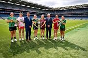 30 July 2024; In attendance during the captains day ahead of the 2024 TG4 All-Ireland Ladies Football Championship Finals at Croke Park in Dublin is, from left, Leitrim captain Michelle Guckian, Tyrone captain Aoibhinn McHugh, Mícheál Naughton, LGFA President, Kerry captain Niamh Carmody, Galway captain Ailbhe Davoren, Alan Esslemont, CEO TG4, Louth captain Áine Breen and Fermanagh captain Shannan McQuade. Photo by Ben McShane/Sportsfile