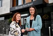 31 July 2024; Galway's Róisín Leonard is presented with The Croke Park Hotel/LGFA Player of the Month award for July 2024 by Edele O’Reilly, Director of Sales and Marketing, The Croke Park Hotel, at The Croke Park Hotel in Jones Road, Dublin. Róisín starred for Galway against Dublin and Cork in the knock-out stages of the TG4 All-Ireland Senior Championship, as the Tribeswomen booked their place in next Sunday’s Final against Kerry at Croke Park. The Corofin player scored 2-3 in the quarter-final victory over Dublin, and 1-5 in the semi-final win against Cork. Photo by Ben McShane/Sportsfile