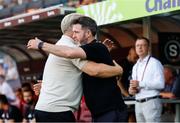 30 July 2024; Shamrock Rovers manager Stephen Bradley, right, is greeted by Sparta Prague manager Lars Friis during the UEFA Champions League Second Qualifying Round second leg match between Sparta Prague and Shamrock Rovers at Letná Stadium in Prague, Czechia. Photo by Pavel Lebeda/Sportsfile