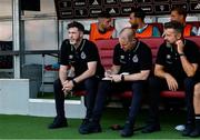 30 July 2024; Shamrock Rovers manager Stephen Bradley, left, with assistant coach Glenn Cronin and sporting director Stephen McPhail, before the UEFA Champions League Second Qualifying Round second leg match between Sparta Prague and Shamrock Rovers at Letná Stadium in Prague, Czechia. Photo by Pavel Lebeda/Sportsfile