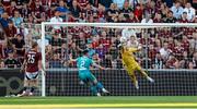 30 July 2024; Josh Honohan of Shamrock Rovers watches his shot on goal be saved by Sparta Prague goalkeeper Peter Vindahl during the UEFA Champions League Second Qualifying Round second leg match between Sparta Prague and Shamrock Rovers at Letná Stadium in Prague, Czechia. Photo by Pavel Lebeda/Sportsfile