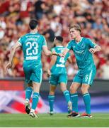 30 July 2024; Neil Farrugia of Shamrock Rovers celebrates with his teammate Daniel Cleary, after Aaron Greene, not pictured, scored his side's second goal during the UEFA Champions League Second Qualifying Round second leg match between Sparta Prague and Shamrock Rovers at Letná Stadium in Prague, Czechia. Photo by Pavel Lebeda/Sportsfile
