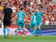 30 July 2024; Neil Farrugia of Shamrock Rovers celebrates with his teammate Daniel Cleary, after Aaron Greene, not pictured, scored his side's second goal during the UEFA Champions League Second Qualifying Round second leg match between Sparta Prague and Shamrock Rovers at Letná Stadium in Prague, Czechia. Photo by Pavel Lebeda/Sportsfile