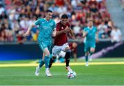 30 July 2024; Gary O'Neill of Shamrock Rovers in action against Qazim Laci of Sparta Prague during the UEFA Champions League Second Qualifying Round second leg match between Sparta Prague and Shamrock Rovers at Letná Stadium in Prague, Czechia. Photo by Pavel Lebeda/Sportsfile