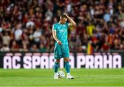 30 July 2024; Graham Burke of Shamrock Rovers reacts after their side's defeat in the UEFA Champions League Second Qualifying Round second leg match between Sparta Prague and Shamrock Rovers at Letná Stadium in Prague, Czechia. Photo by Pavel Lebeda/Sportsfile