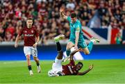 30 July 2024; Josh Honohan of Shamrock Rovers in action against Tomáš Wiesner, left, and Victor Olatunji of Sparta Prague during the UEFA Champions League Second Qualifying Round second leg match between Sparta Prague and Shamrock Rovers at Letná Stadium in Prague, Czechia. Photo by Pavel Lebeda/Sportsfile