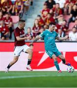 30 July 2024; Trevor Clarke of Shamrock Rovers in action against Tomáš Wiesner of Sparta Prague during the UEFA Champions League Second Qualifying Round second leg match between Sparta Prague and Shamrock Rovers at Letná Stadium in Prague, Czechia. Photo by Pavel Lebeda/Sportsfile