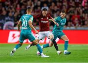 30 July 2024; Ermal Krasniqi of Sparta Prague, centre, in action against Graham Burke, left, and Lee Grace of Shamrock Rovers during the UEFA Champions League Second Qualifying Round second leg match between Sparta Prague and Shamrock Rovers at Letná Stadium in Prague, Czechia. Photo by Pavel Lebeda/Sportsfile