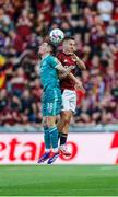 30 July 2024; Trevor Clarke of Shamrock Rovers in action against Tomáš Wiesner of Sparta Prague during the UEFA Champions League Second Qualifying Round second leg match between Sparta Prague and Shamrock Rovers at Letná Stadium in Prague, Czechia. Photo by Pavel Lebeda/Sportsfile
