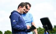 31 July 2024; Sports scientist Jack O'Brien, left, and Will Connors during a Leinster rugby training session at UCD in Dublin. Photo by Ramsey Cardy/Sportsfile