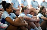 30 July 2024; Players, from left, Eimear Corri, Dannah O'Brien and Robyn O'Connor during Leinster rugby women's season launch at Energia Park in Dublin. Photo by Shauna Clinton/Sportsfile