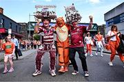 28 July 2024; Galway supporters Michael Coleman, left, and his brother Philip Coleman, from Ballygar, with Armagh supporter Damian McCullough, from Camlough, Armagh before the GAA Football All-Ireland Senior Championship Final match between Armagh and Galway at Croke Park in Dublin. Photo by Piaras Ó Mídheach/Sportsfile