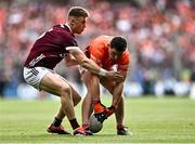 28 July 2024; Paddy Burns of Armagh in action against Dylan McHugh of Galway during the GAA Football All-Ireland Senior Championship Final match between Armagh and Galway at Croke Park in Dublin. Photo by Piaras Ó Mídheach/Sportsfile