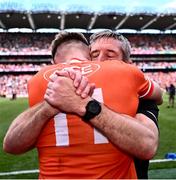 28 July 2024; Armagh manager Kieran McGeeney celebrates with Rian O'Neill after their side's victory in the GAA Football All-Ireland Senior Championship Final match between Armagh and Galway at Croke Park in Dublin. Photo by Piaras Ó Mídheach/Sportsfile