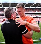 28 July 2024; Armagh manager Kieran McGeeney celebrates with Rian O'Neill after their side's victory in the GAA Football All-Ireland Senior Championship Final match between Armagh and Galway at Croke Park in Dublin. Photo by Piaras Ó Mídheach/Sportsfile
