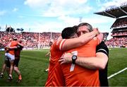 28 July 2024; Armagh manager Kieran McGeeney celebrates with his players Oisín O'Neill, left, and Aidan Forker after their side's victory in the GAA Football All-Ireland Senior Championship Final match between Armagh and Galway at Croke Park in Dublin. Photo by Piaras Ó Mídheach/Sportsfile