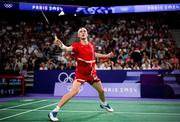 31 July 2024; Victor Axelsen of Team Denmark in action against Nhat Nguyen of Team Ireland during the men's singles group P match at the Porte de la Chapelle Arena during the 2024 Paris Summer Olympic Games in Paris, France. Photo by Stephen McCarthy/Sportsfile