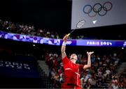31 July 2024; Victor Axelsen of Team Denmark in action against Nhat Nguyen of Team Ireland during the men's singles group P match at the Porte de la Chapelle Arena during the 2024 Paris Summer Olympic Games in Paris, France. Photo by Stephen McCarthy/Sportsfile