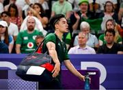 31 July 2024; Nhat Nguyen of Team Ireland leaves the court after his men's singles group P match against Victor Axelsen of Team Denmark at the Porte de la Chapelle Arena during the 2024 Paris Summer Olympic Games in Paris, France. Photo by Stephen McCarthy/Sportsfile