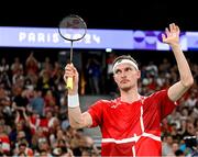 31 July 2024; Victor Axelsen of Team Denmark celebrates after winning his men's singles group P match against Nhat Nguyen of Team Ireland at the Porte de la Chapelle Arena during the 2024 Paris Summer Olympic Games in Paris, France. Photo by Stephen McCarthy/Sportsfile