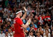 31 July 2024; Victor Axelsen of Team Denmark celebrates after winning his men's singles group P match against Nhat Nguyen of Team Ireland at the Porte de la Chapelle Arena during the 2024 Paris Summer Olympic Games in Paris, France. Photo by Stephen McCarthy/Sportsfile