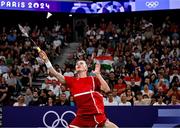 31 July 2024; Victor Axelsen of Team Denmark in action during his men's singles group P match against Nhat Nguyen of Team Ireland at the Porte de la Chapelle Arena during the 2024 Paris Summer Olympic Games in Paris, France. Photo by Stephen McCarthy/Sportsfile