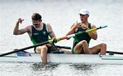 31 July 2024; Ross Corrigan, left, Nathan Timoney of Team Ireland celebrate after their men’s pair semi-final at Vaires-sur-Marne Nautical Stadium during the 2024 Paris Summer Olympic Games in Paris, France. Photo by Brendan Moran/Sportsfile