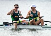 31 July 2024; Ross Corrigan, left, Nathan Timoney of Team Ireland celebrate after their men’s pair semi-final at Vaires-sur-Marne Nautical Stadium during the 2024 Paris Summer Olympic Games in Paris, France. Photo by Brendan Moran/Sportsfile
