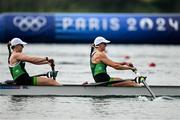 31 July 2024; Aifric Keogh, left, and Fiona Murtagh of Team Ireland in action during their women’s coxless pair semi-final at Vaires-sur-Marne Nautical Stadium during the 2024 Paris Summer Olympic Games in Paris, France. Photo by Brendan Moran/Sportsfile