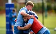 31 July 2024; Rabah Slimani, right, and Conor O'Tighearnaigh during a Leinster rugby training session at UCD in Dublin. Photo by Ramsey Cardy/Sportsfile