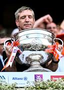 28 July 2024; Armagh manager Kieran McGeeney looks at the Sam Maguire Cup after his side's victory in the GAA Football All-Ireland Senior Championship Final match between Armagh and Galway at Croke Park in Dublin. Photo by Piaras Ó Mídheach/Sportsfile