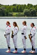 31 July 2024; The Team Great Britain team, from left, Georgina Brayshaw, Lola Anderson, Hannah Scott and Lauren Henry, sing the national anthem with their gold medals after winning the women's quadruple sculls final at Vaires-sur-Marne Nautical Stadium during the 2024 Paris Summer Olympic Games in Paris, France. Photo by Brendan Moran/Sportsfile