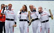 31 July 2024; The Team Great Britain team, from left, Georgina Brayshaw, Lola Anderson, Hannah Scott and Lauren Henry, with their gold medals after winning the women's quadruple sculls final at Vaires-sur-Marne Nautical Stadium during the 2024 Paris Summer Olympic Games in Paris, France. Photo by Brendan Moran/Sportsfile