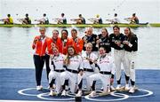 31 July 2024; The women's quadruple sculls medallists, Team Great Britain, centre, gold, Team Netherlands, silver, left, and Team Germany, brone, right, at Vaires-sur-Marne Nautical Stadium during the 2024 Paris Summer Olympic Games in Paris, France. Photo by Brendan Moran/Sportsfile