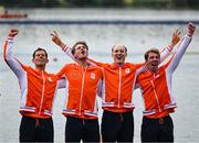 31 July 2024; The Team Netherlands team, from left, Koen Metsemakers, Tone Wieten, Finn Florijn and Lennart van Lierop celebrate winning a gold medal in the men's quadruple sculls final at Vaires-sur-Marne Nautical Stadium during the 2024 Paris Summer Olympic Games in Paris, France. Photo by Brendan Moran/Sportsfile