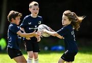 31 July 2024; Filin Scavenda, left, and Clodagh Donoghue during the Bank of Ireland Leinster Rugby Summer Camp at St Mary's College RFC in Dublin. Photo by Harry Murphy/Sportsfile