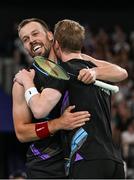 31 July 2024; Anders Skaarup Rasmussen, left, and Kim Astrup of Team Denmark celebrate winning against Takuro Hoki and Yugo Kobayashi of Team Japan in the men's singles group P match at the Porte de la Chapelle Arena during the 2024 Paris Summer Olympic Games in Paris, France. Photo by Stephen McCarthy/Sportsfile