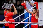 31 July 2024; Carlo Paalam of Team Philippines celebrates after winning his men's 57kg preliminary round of 16 bout against Jude Gallagher of Team Ireland at the North Paris Arena during the 2024 Paris Summer Olympic Games in Paris, France. Photo by David Fitzgerald/Sportsfile