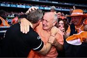 28 July 2024; Armagh manager Kieran McGeeney celebrates with his father Pat after the GAA Football All-Ireland Senior Championship Final match between Armagh and Galway at Croke Park in Dublin. Photo by Piaras Ó Mídheach/Sportsfile