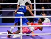 31 July 2024; Jahmal Harvey of Team USA, right, in action against Luiz Gabriel Oliveira of Team Brazil during their men's 57kg preliminary round of 16 bout at the North Paris Arena during the 2024 Paris Summer Olympic Games in Paris, France. Photo by David Fitzgerald/Sportsfile