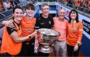 28 July 2024; Armagh manager Kieran McGeeney holds the Sam Maguire Cup as he celebrates with, from left, his wife Maura, his son Cian, and his parents Pat and Brigid after the GAA Football All-Ireland Senior Championship Final match between Armagh and Galway at Croke Park in Dublin. Photo by Piaras Ó Mídheach/Sportsfile