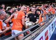 28 July 2024; Armagh manager Kieran McGeeney and Rian O'Neill, 11, with the Sam Maguire Cup after the GAA Football All-Ireland Senior Championship Final match between Armagh and Galway at Croke Park in Dublin. Photo by Piaras Ó Mídheach/Sportsfile