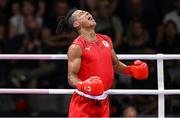 31 July 2024; Sewonrets Quincy Mensah Okazawa of Team Japan celebrates during his men's 71kg prelimary round of 16 bout against Zeyad Eashash of Jordan at the North Paris Arena during the 2024 Paris Summer Olympic Games in Paris, France. Photo by Stephen McCarthy/Sportsfile