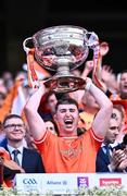 28 July 2024; Tiernan Kelly of Armagh lifts the Sam Maguire Cup after his side's victory in the GAA Football All-Ireland Senior Championship Final match between Armagh and Galway at Croke Park in Dublin. Photo by Piaras Ó Mídheach/Sportsfile