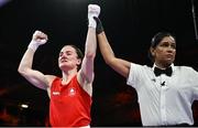 31 July 2024; Kellie Harrington of Team Ireland celebrates winning against Angie Paola Valdes Pana of Team Colombia in their women's 60kg quarterfinal bout at the North Paris Arena during the 2024 Paris Summer Olympic Games in Paris, France. Photo by David Fitzgerald/Sportsfile