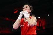 31 July 2024; Kellie Harrington of Team Ireland celebrates winning against Angie Paola Valdes Pana of Team Colombia in their women's 60kg quarterfinal bout at the North Paris Arena during the 2024 Paris Summer Olympic Games in Paris, France. Photo by David Fitzgerald/Sportsfile