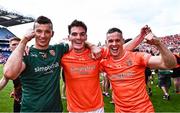 28 July 2024; Armagh players Ethan Rafferty, Jarly Óg Burns and Mark Shields celebrate after the GAA Football All-Ireland Senior Championship Final match between Armagh and Galway at Croke Park in Dublin. Photo by Piaras Ó Mídheach/Sportsfile