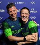 31 July 2024; Kellie Harrington of Team Ireland with Team Ireland boxing coach James Doyle after her win against Angie Paola Valdes Pana of Team Colombia in their women's 60kg quarterfinal bout at the North Paris Arena during the 2024 Paris Summer Olympic Games in Paris, France. Photo by David Fitzgerald/Sportsfile
